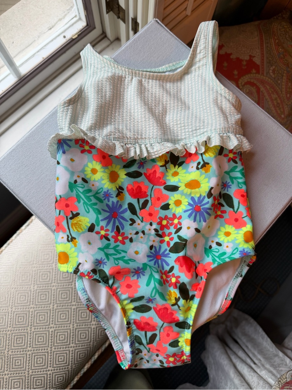 Girls Floral One-Piece Swimsuit with Ruffle Top has Seersucker Look 3T